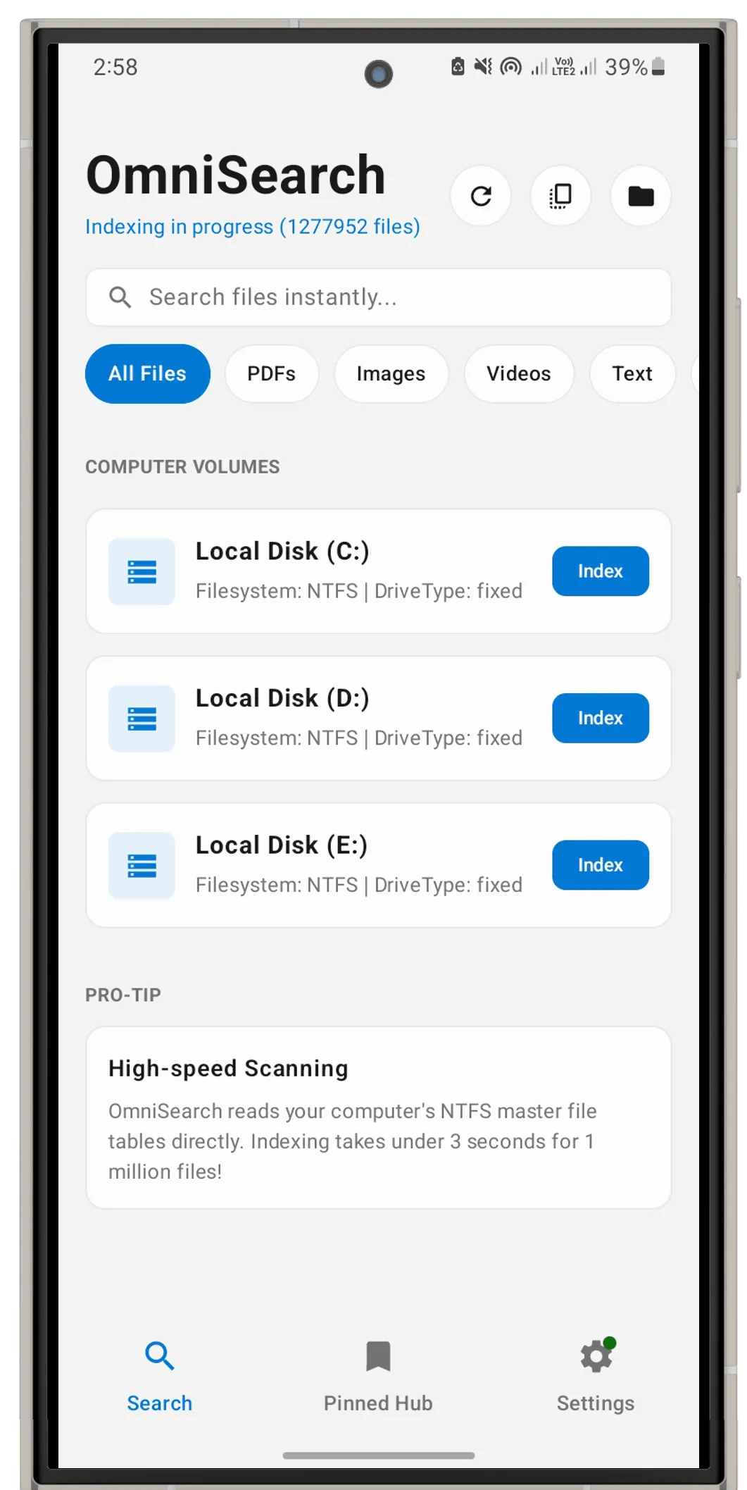 OmniSearch Android 端远程搜索界面，展示在手机上搜索电脑文件