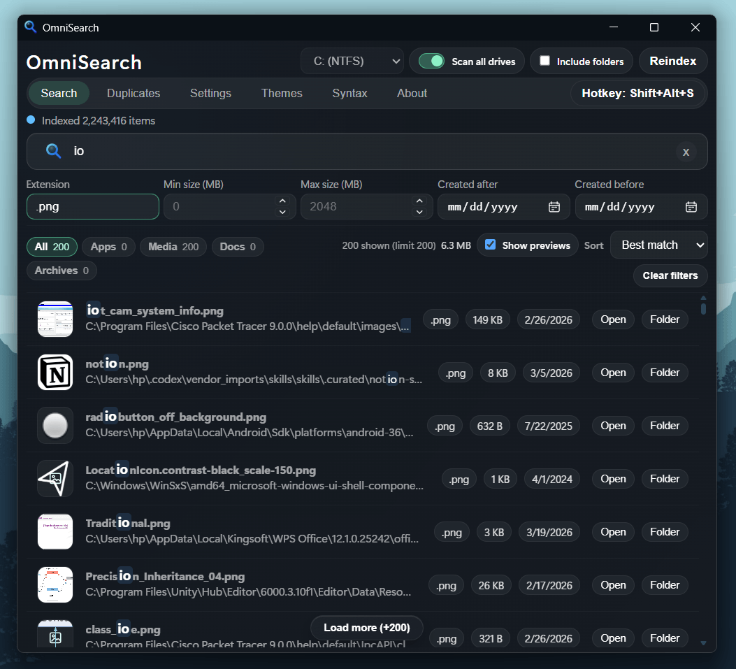 OmniSearch 主界面，展示搜索栏、筛选面板和文件结果列表