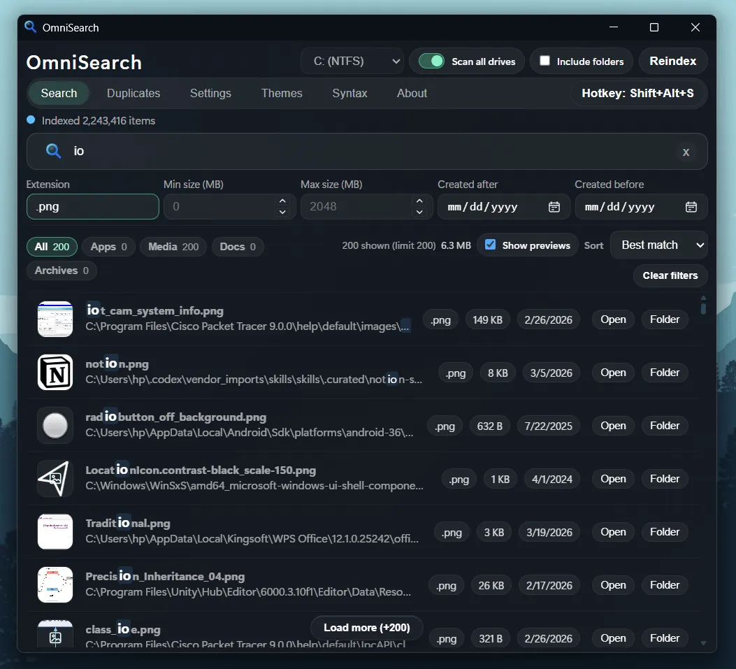OmniSearch 主界面，展示搜索栏、筛选面板和文件结果列表