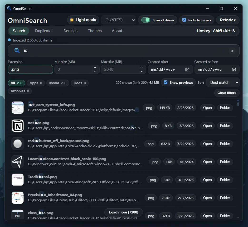 OmniSearch 搜索结果界面，展示筛选面板和各种文件类型的结果